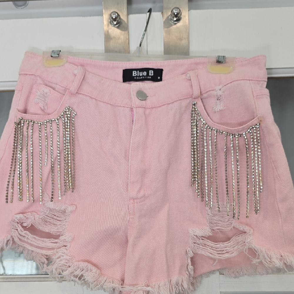 Blue B Pink Distressed Jean Shorts with Silver Fringe